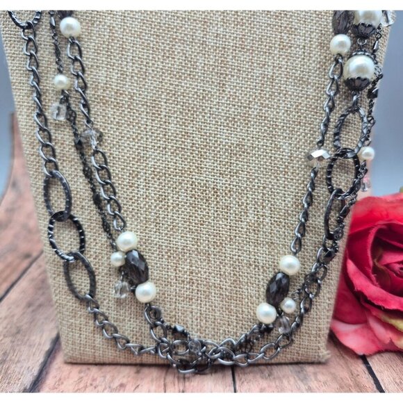 Premier Design Gun Metal Chain Necklace Faux Pearls Hammered Links Multi Strand - Picture 3 of 9